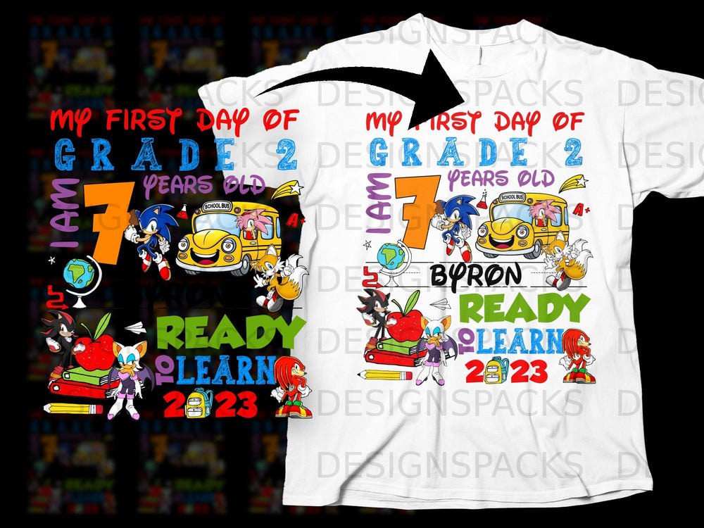 Sonic characters, school bus, and books with text "I Am 7 Years Old Ready to Learn 2022-2023".