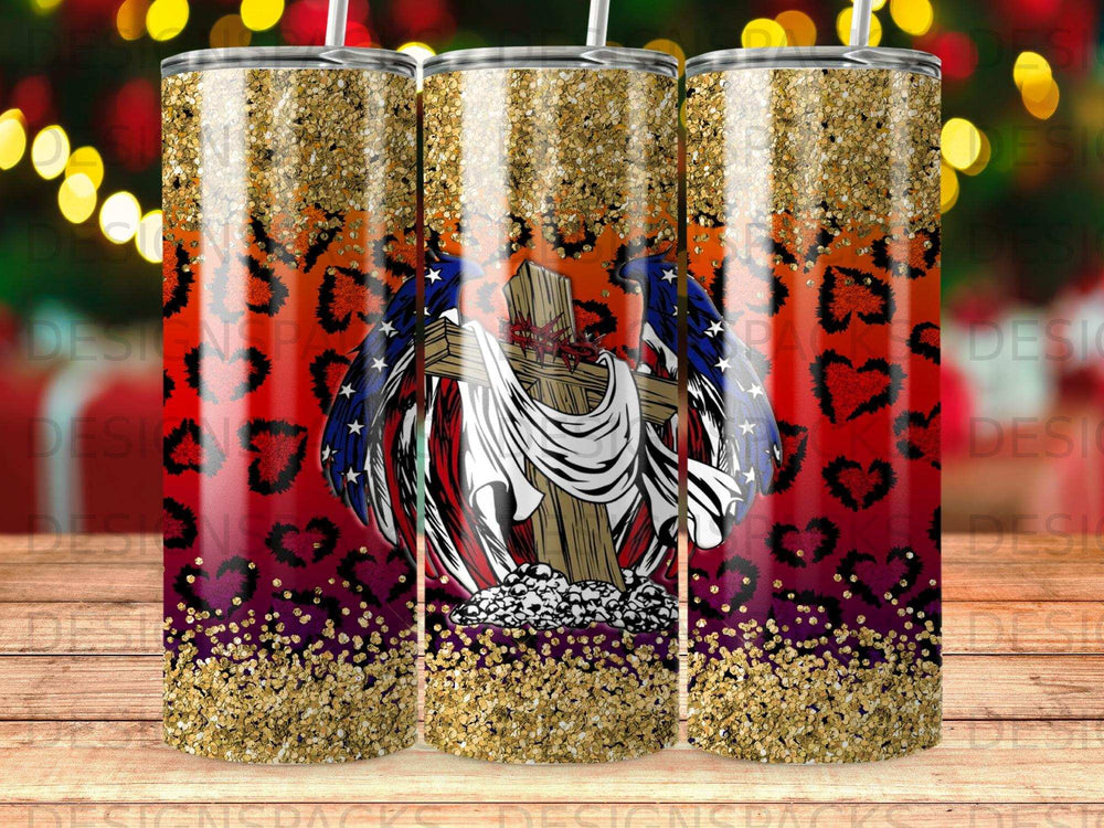 Cross with flag wings and leopard print tumbler design.