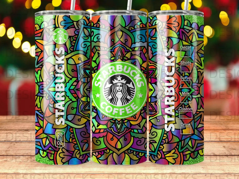 Starbucks tumbler with colorful mandala design and coffee cup logo.