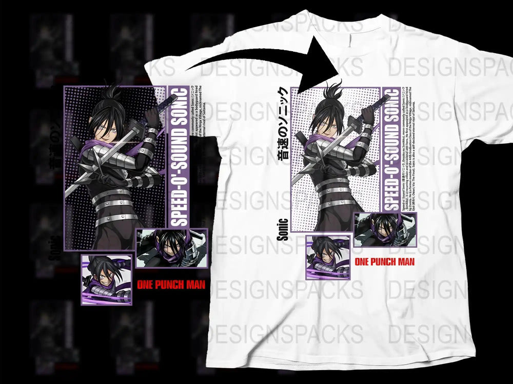 One Punch Man Speed-o'-Sound Sonic Graphic T-Shirt, Anime Inspired Unisex Tee, Full Print Shirt with Character Panels