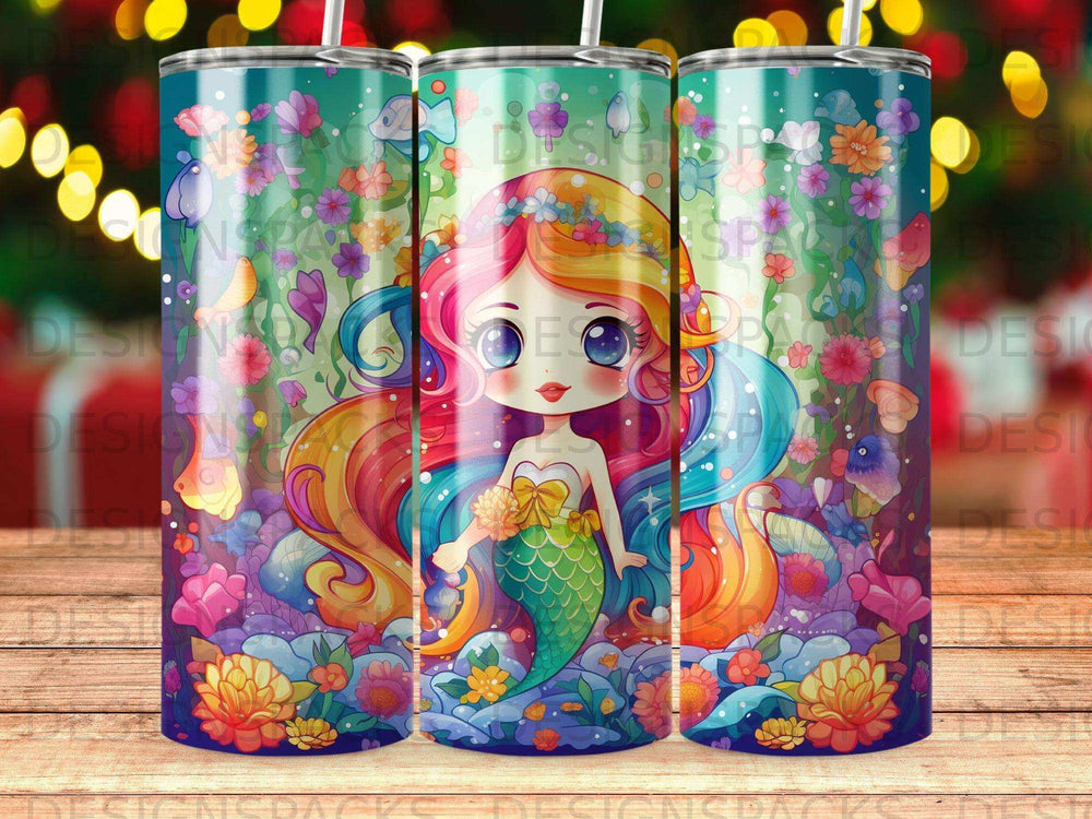 Mermaid with colorful hair and tail surrounded by vibrant flowers and sea life.