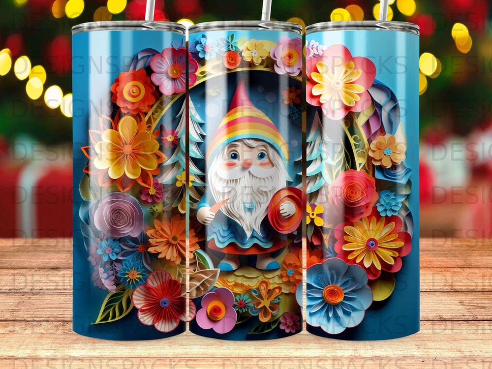 Gnome with colorful floral border on a blue gradient tumbler.
