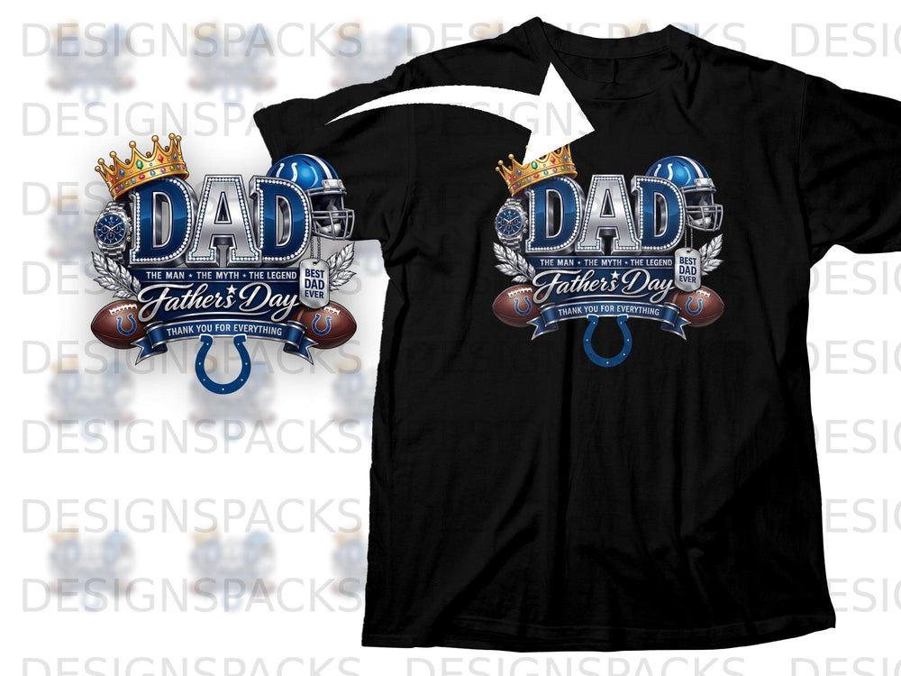 Black t-shirt with "Dad" design featuring footballs, helmets, and a crown.