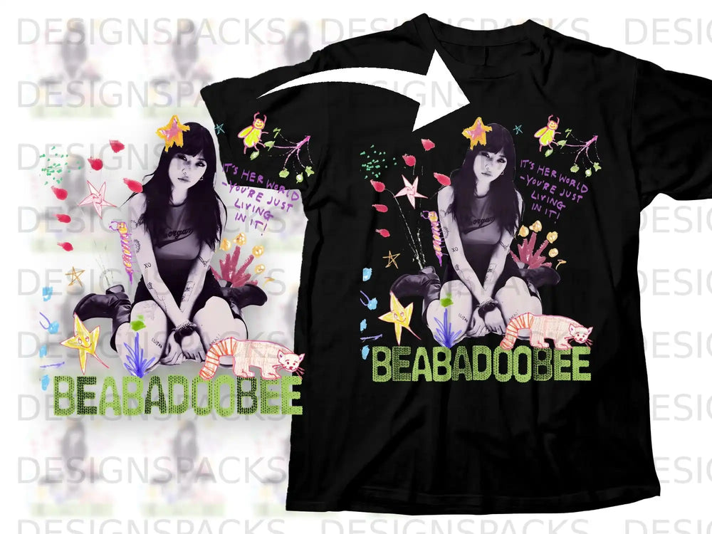 Black t-shirt with Beabadoobee graphic and "It's her world, you're just living in it!"