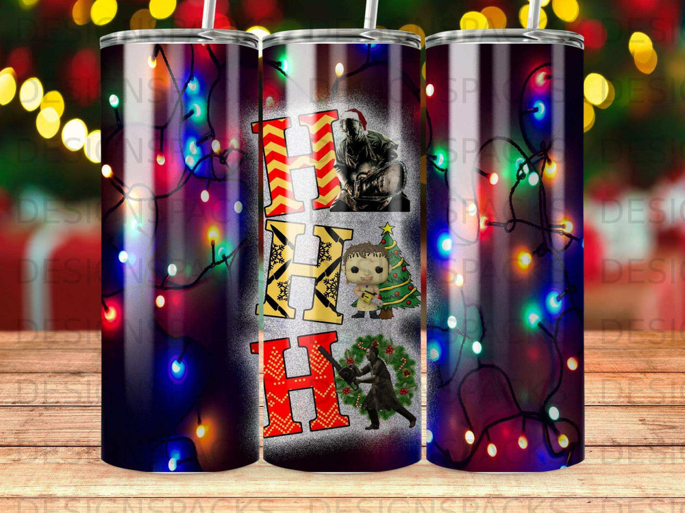 Holiday tumbler with Christmas lights and "HOHOHO" design featuring Santa and a Grinch figure.