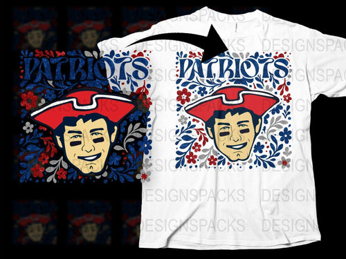 Patriots Fan T-Shirt, Floral Design, Vintage Style, Unique Red and Blue Graphic Tee, Unisex Adult Clothing