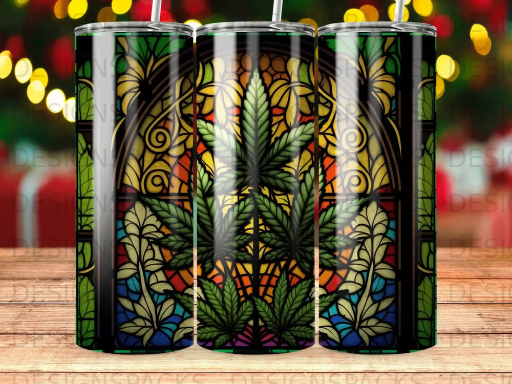 Stained glass design with cannabis leaves and floral accents.