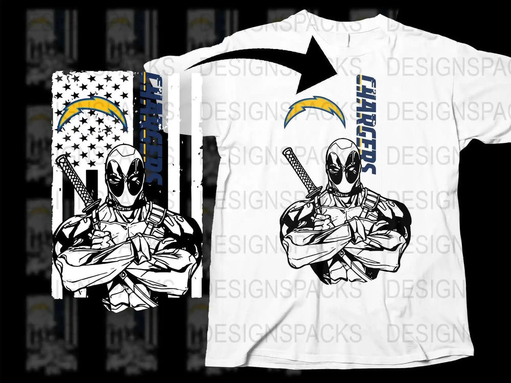 Deadpool and Chargers Mashup T-Shirt, Comic Superhero Sports Fans Apparel, Unique Graphic Tee