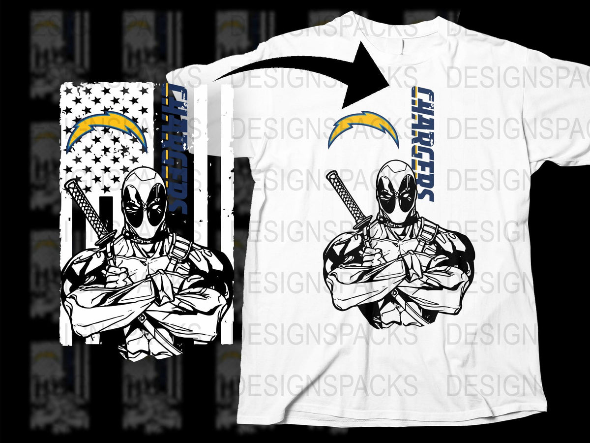 Deadpool and Chargers Mashup T-Shirt, Comic Superhero Sports Fans Apparel, Unique Graphic Tee