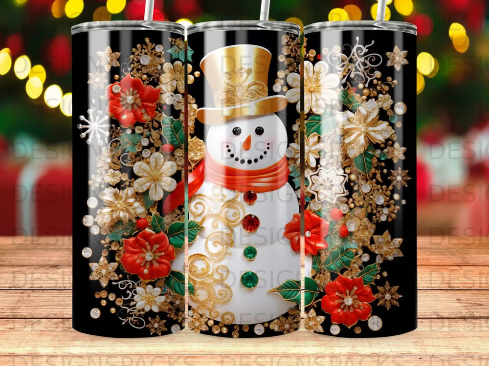 Snowman in a top hat with floral and glitter accents on a black striped background.