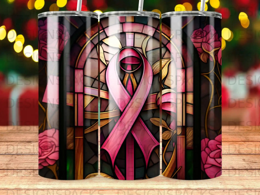 Pink ribbon with roses in stained glass pattern on a tumbler.