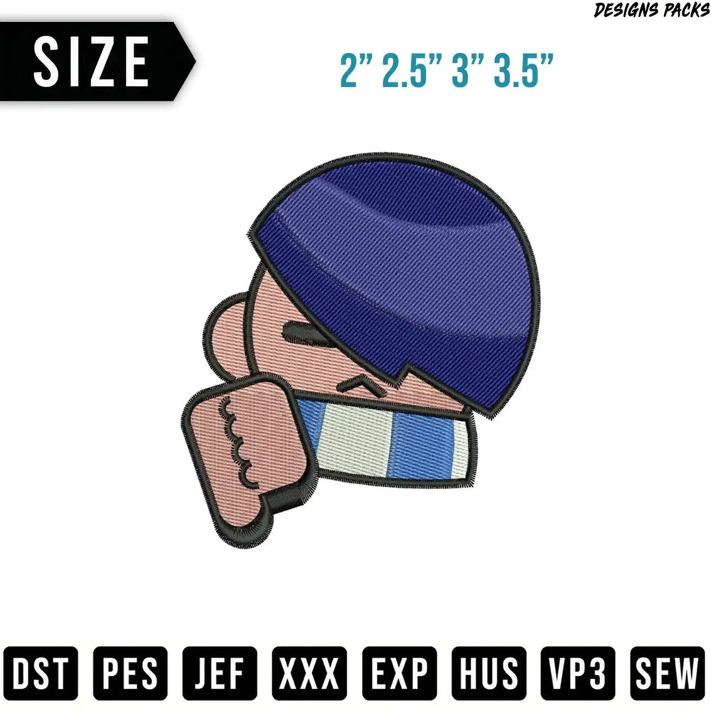 Embroidered cartoon character's head with blue hair and clenched fist.
