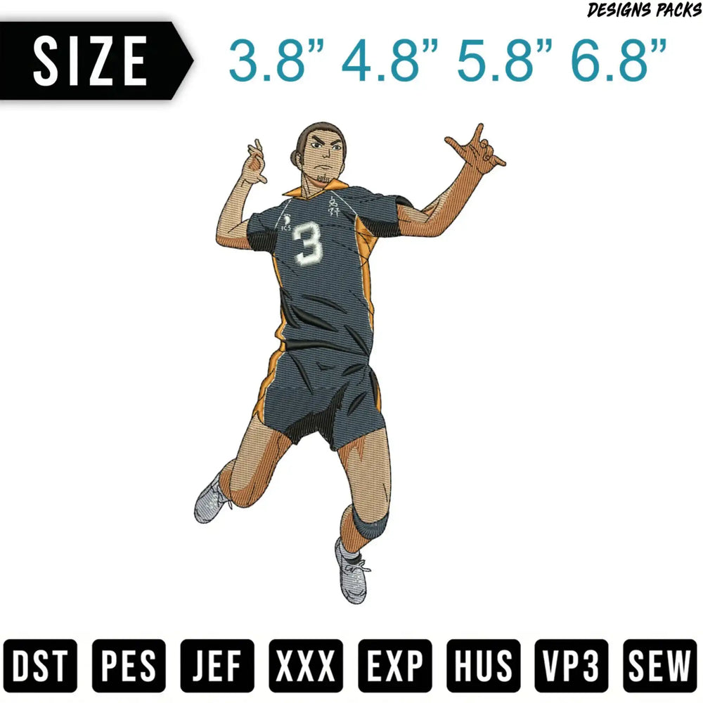 Volleyball player number 3 in uniform with size options and file formats.