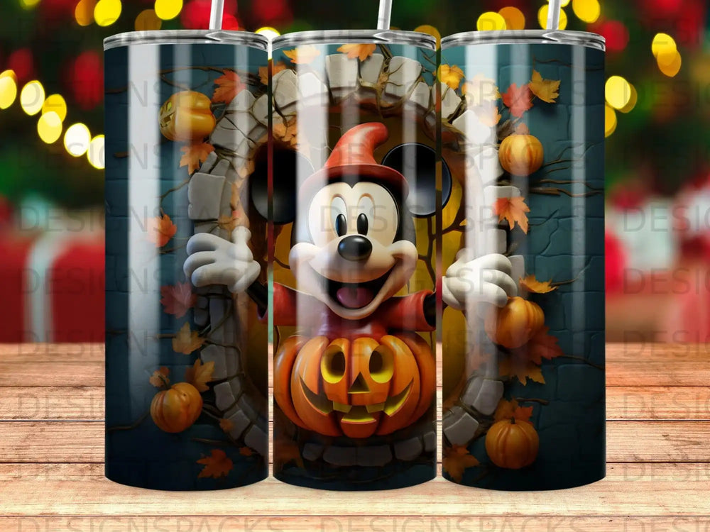 Mickey Mouse in Halloween costume with pumpkins and autumn leaves.