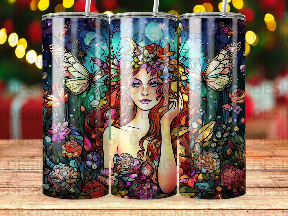 Woman with elaborate floral headdress and butterflies, against a stained-glass-like background.