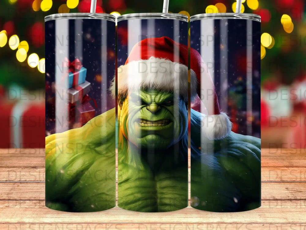 Hulk in Santa hat with Christmas presents, on a tumbler.