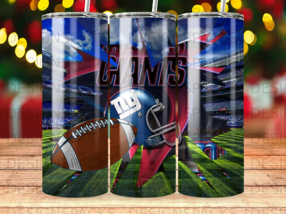 New York Giants football helmet and ball with stadium background.
