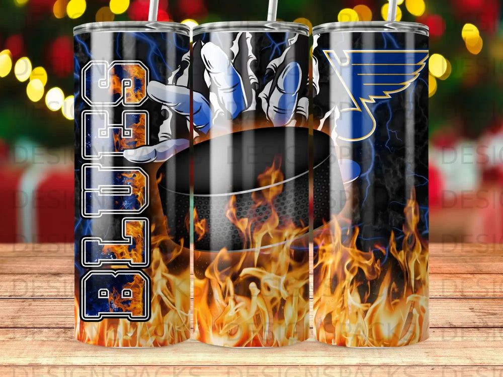 St. Louis Blues hockey puck with flames and team logo.