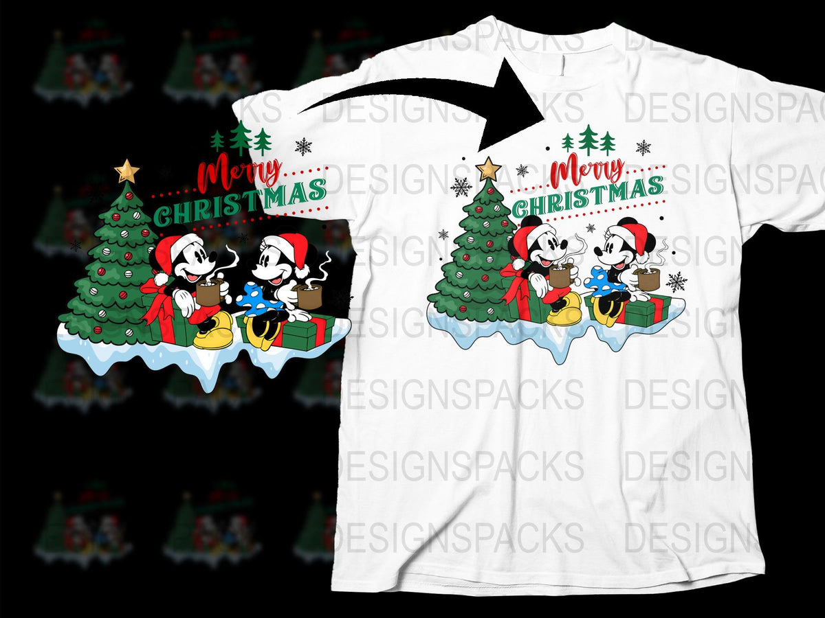 Merry Christmas T-Shirt with Cartoon Dogs, Festive Trees and Gifts Design, Holiday Apparel for All Ages