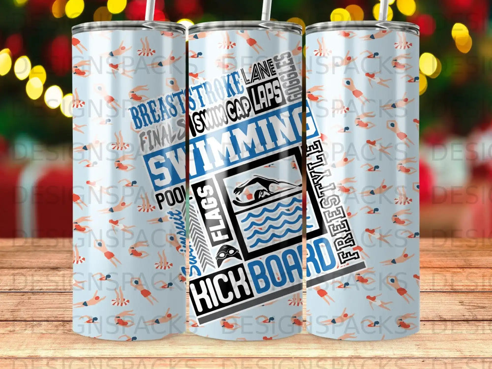 Tumbler with swimming and pool motifs, featuring text like "Swimming," "Freestyle," and "Breaststroke."