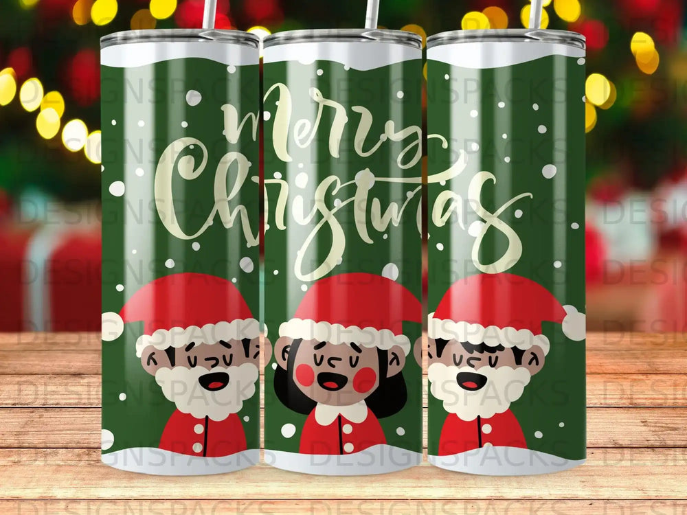 Merry Christmas tumbler with festive figures and green and white pattern.