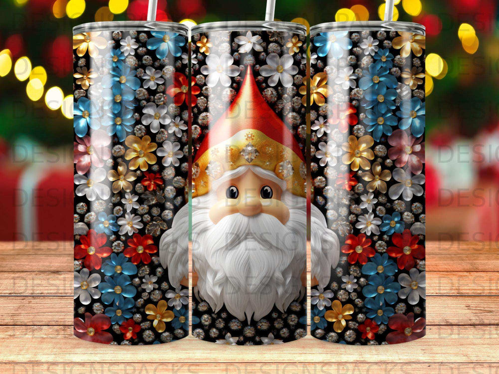 Gnome with red hat and white beard surrounded by colorful flowers.