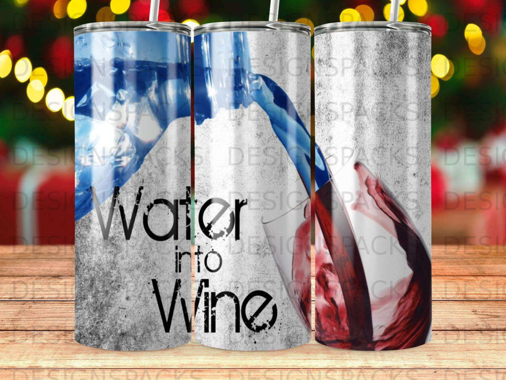 Tumbler with "Water into Wine" text, featuring water pouring into a wine glass.