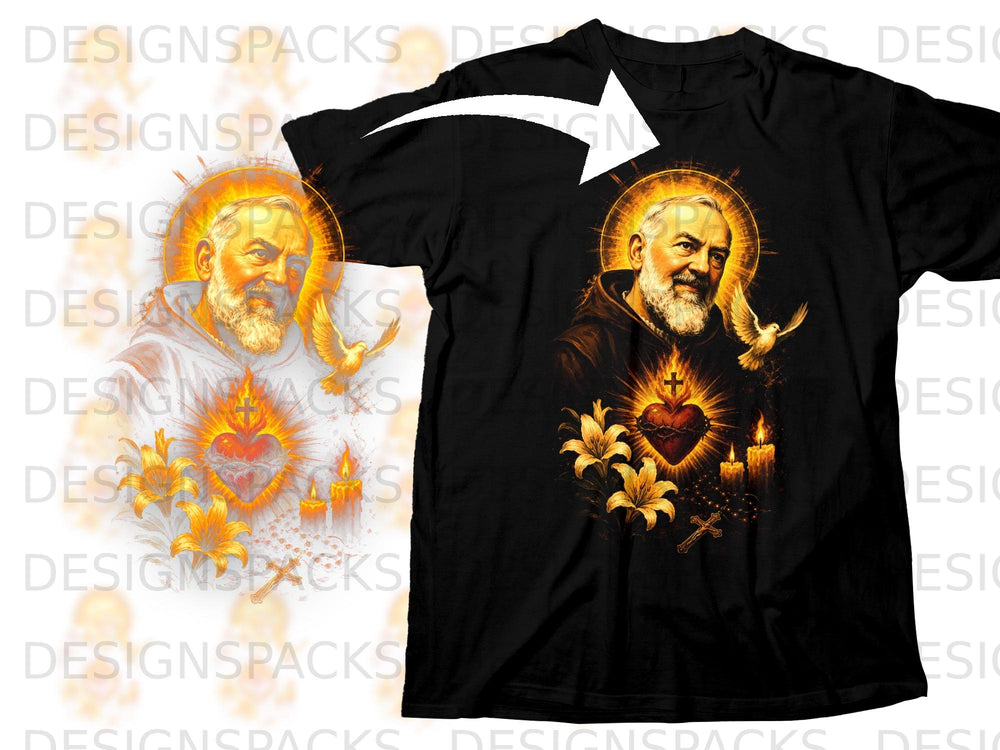 Black t-shirt with religious image of Padre Pio, Sacred Heart, doves, lilies, and candles.