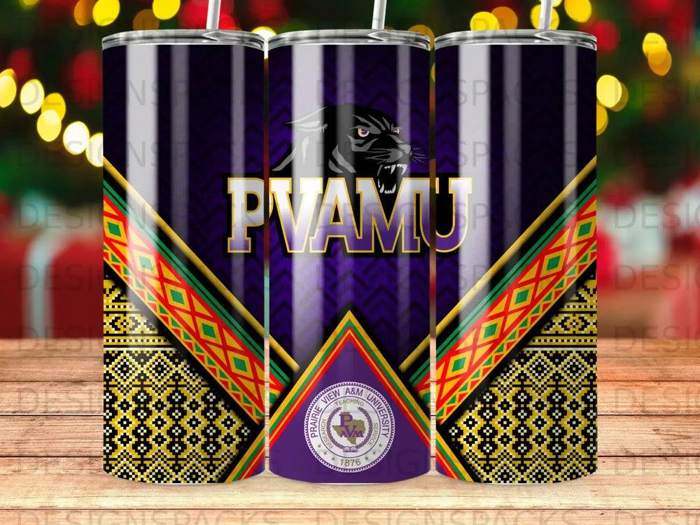 PVAMU logo and patterns on a purple tumbler with a university seal.