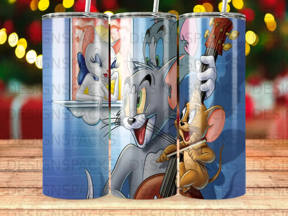 Tom and Jerry characters on a background of musical notes and string lights.