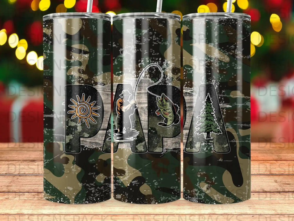 Tumbler with camouflage, sun, fisherman, fish, and pine tree design.