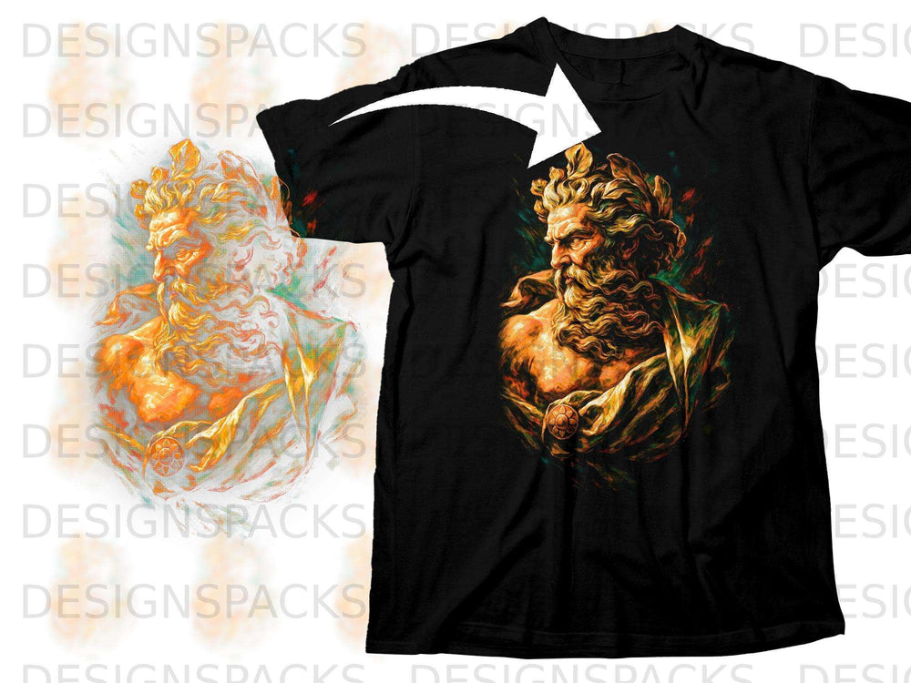 Black t-shirt with a colorful depiction of a bearded classical bust with a laurel wreath.