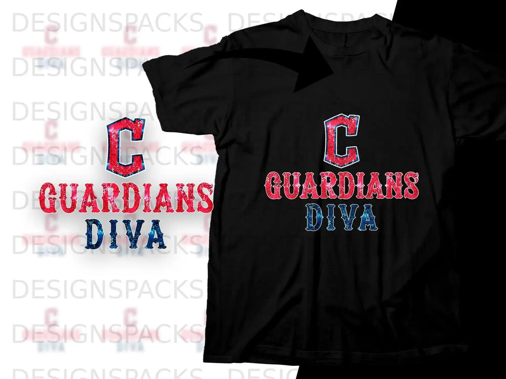 Black t-shirt with "Guardians Diva" text in red and blue glittery font.