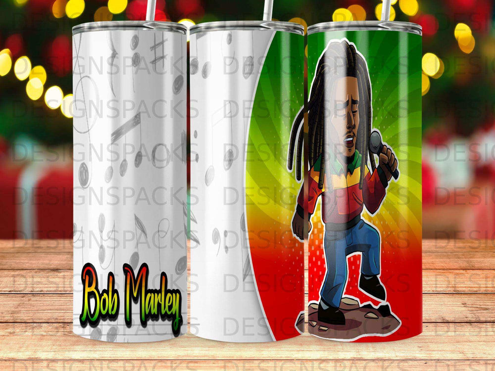 Bob Marley character on a tumbler, singing into a microphone.