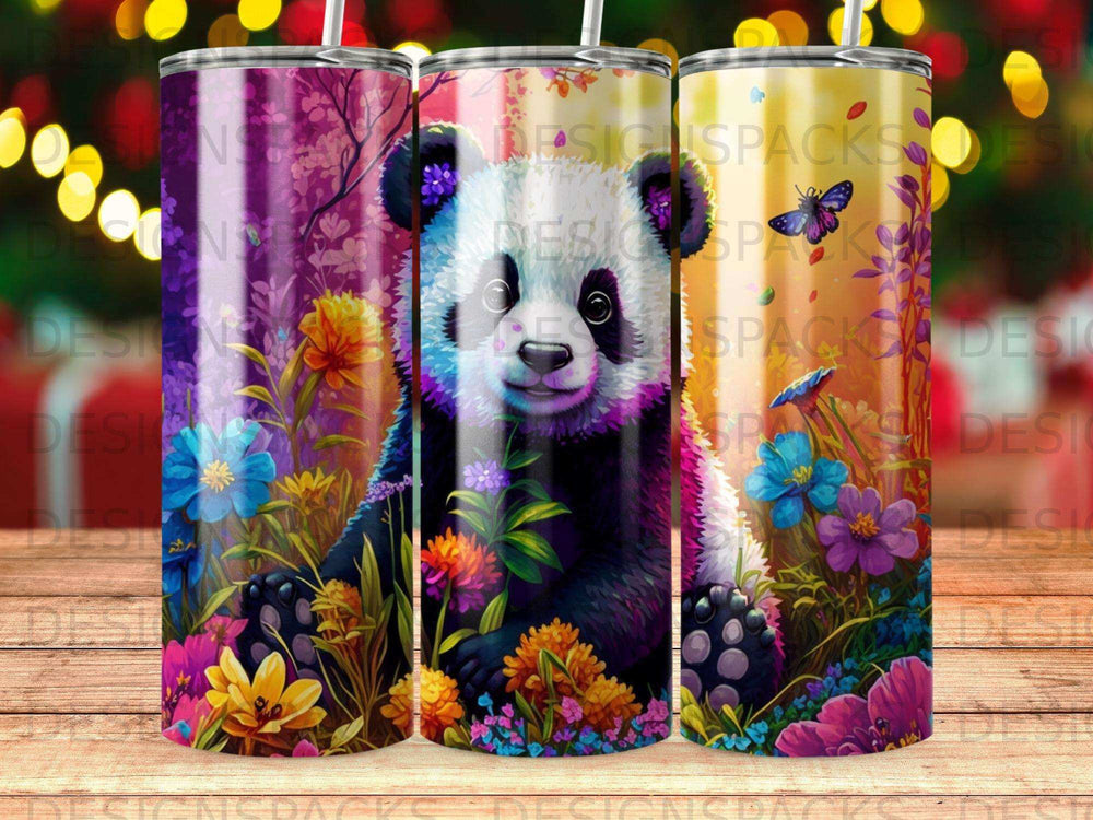 Panda in a colorful, floral garden with butterflies and celestial elements.