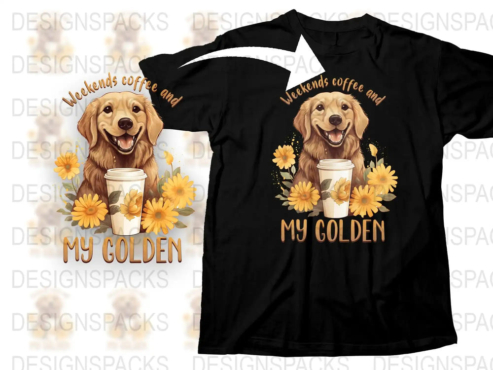 Golden Retriever T-Shirt, Weekend Coffee Design, Floral Dog Lover Tee, Cute Pet Graphic Shirt, Unisex Cotton Black Top