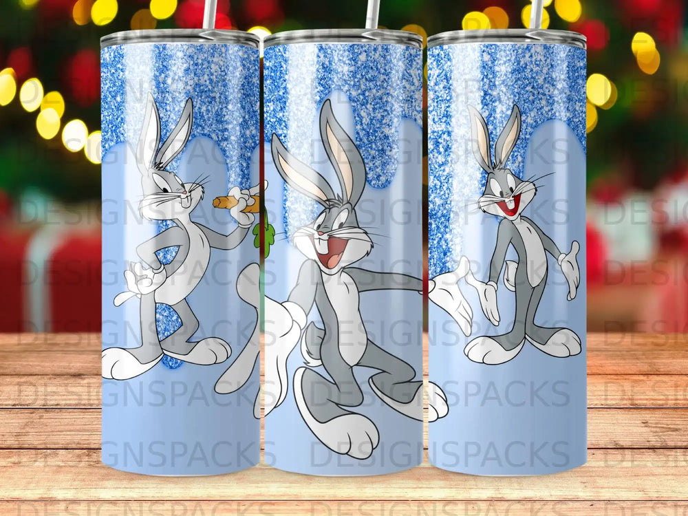 Bugs Bunny with carrot, digital illustration on a patterned tumbler.