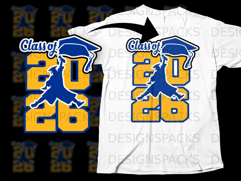 Class of 2026 logo with graduation cap on a white t-shirt.