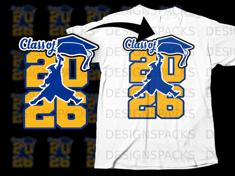 Class of 2026 logo with graduation cap on a white t-shirt.