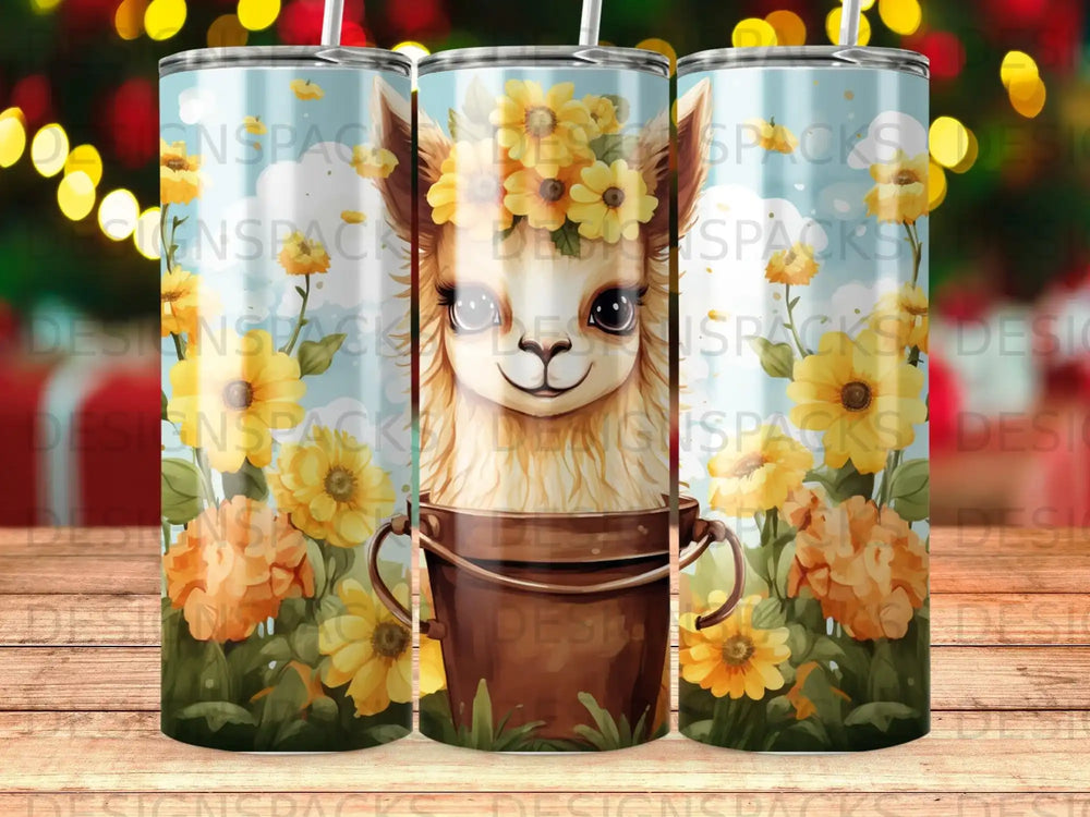 Llama with sunflowers and daisies in a bucket.