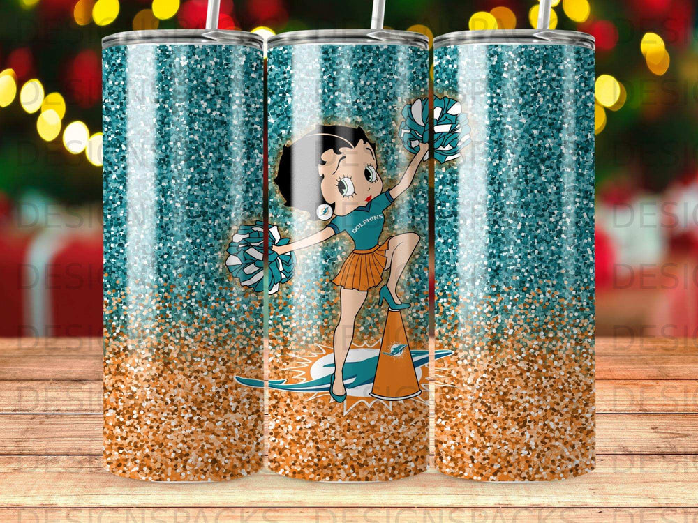 Betty Boop in Miami Dolphins cheerleader uniform with pom-poms and megaphone.