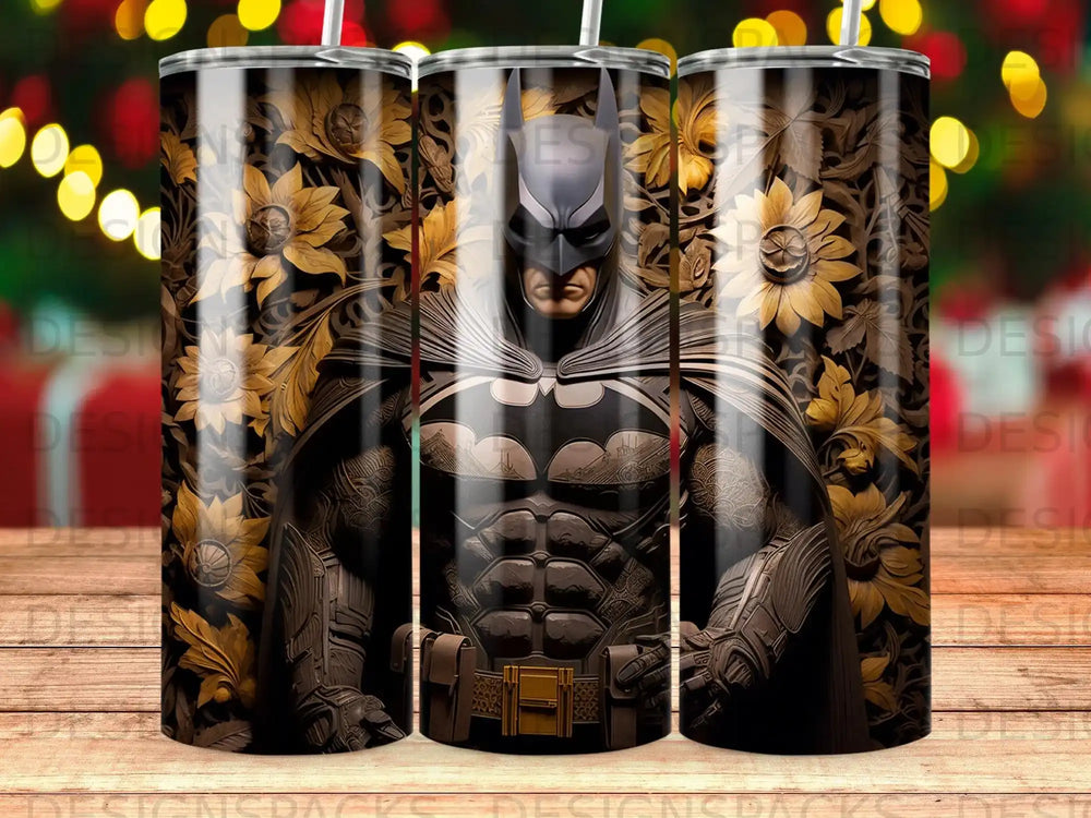 Batman in armor with floral background on a tumbler.