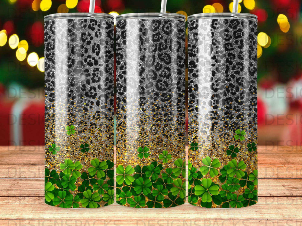 Tumbler with leopard print, gold glitter, and green shamrocks.