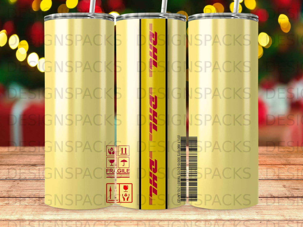 Three insulated tumblers with DHL branding and caution symbols.