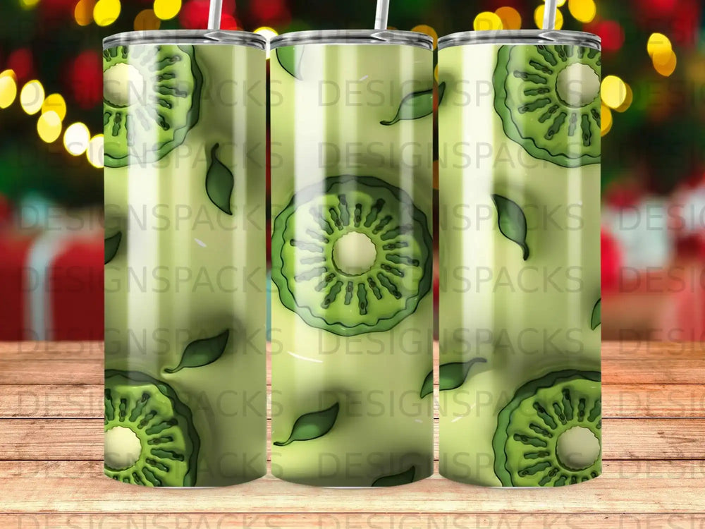 Green kiwi fruit pattern tumbler with straw, repeating design.