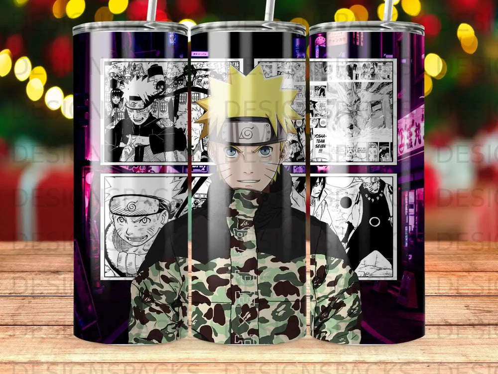 Naruto Uzumaki in camouflage jacket against a panel collage from the manga.