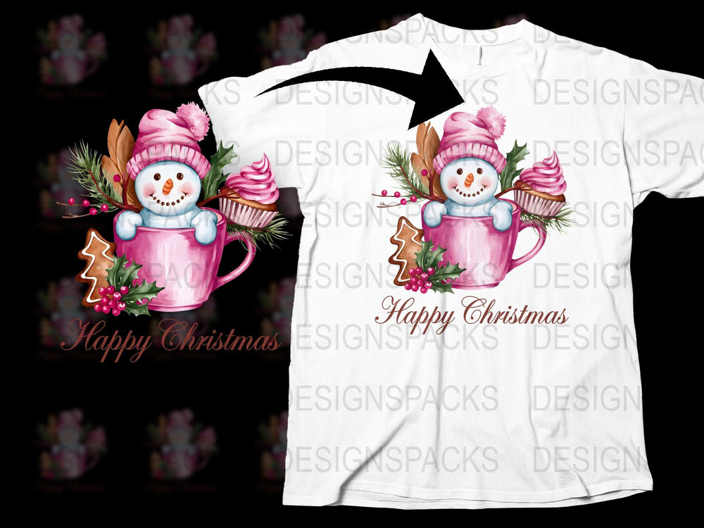 Happy Christmas Snowman Mug Graphic T-Shirt, Pink Winter Holiday Tee, Floral Christmas Gift Idea