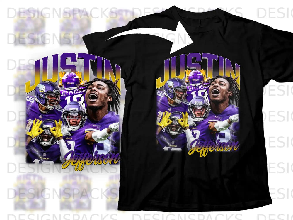 T-shirt featuring Justin Jefferson with Vikings players and team logo.