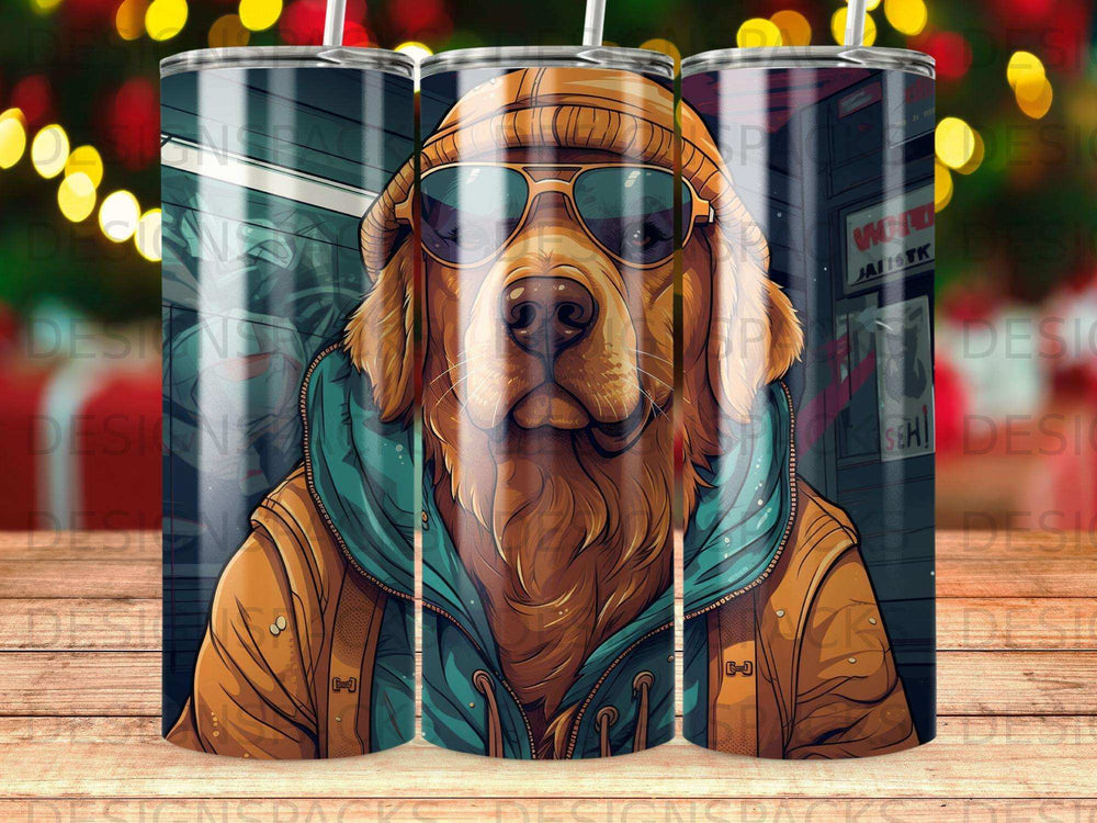 Golden retriever wearing sunglasses and hoodie, with city background.