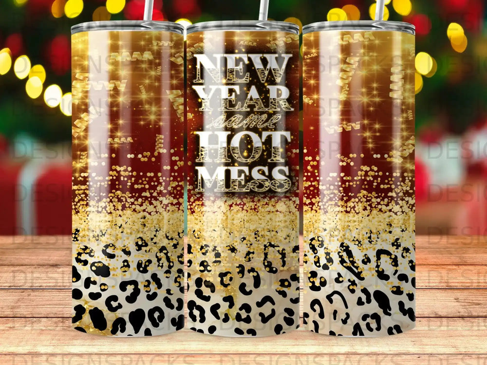New Year Same Hot Mess tumbler with gold glitter and leopard print.